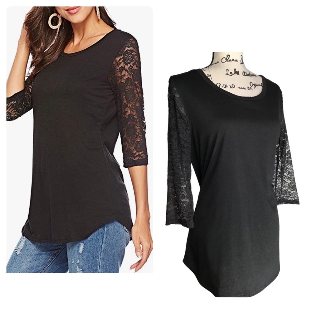 Koitmy Women's 3/4 Lace Sleeve Round Neck T-Shirt - Medium